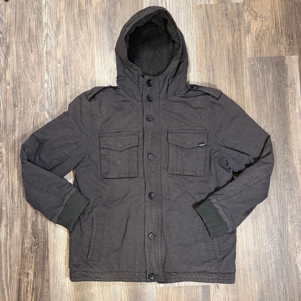 Quiksilver Mens XL Charcoal Grey Hooded Plaid Sherpa Lined Military Jacket